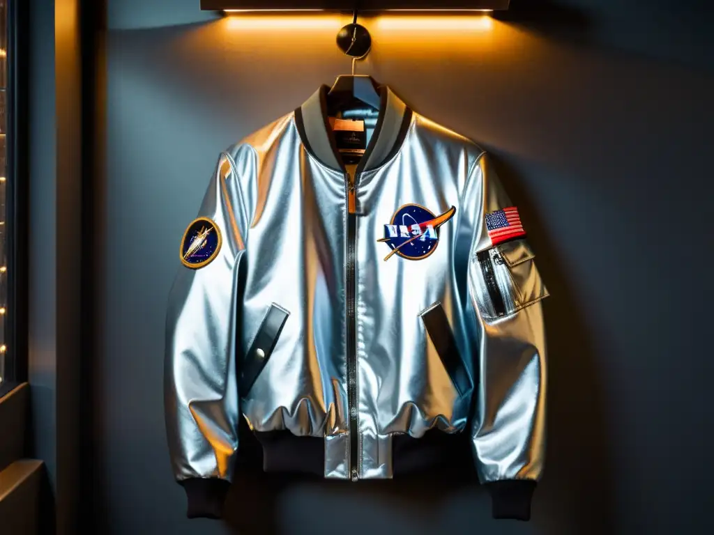 Chaqueta estilo astronauta urbano 2021 en perchero vintage, con detalles metálicos y ambiente retro urbano