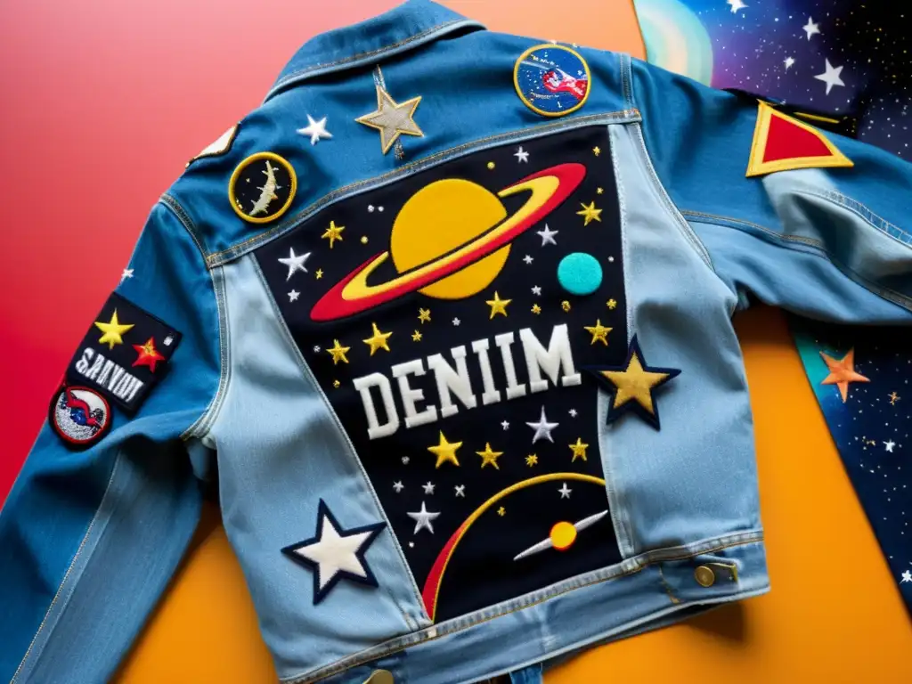 Una chaqueta vintage de mezclilla con parches y pins personalizados espacio, evocando la nostalgia de la exploración espacial