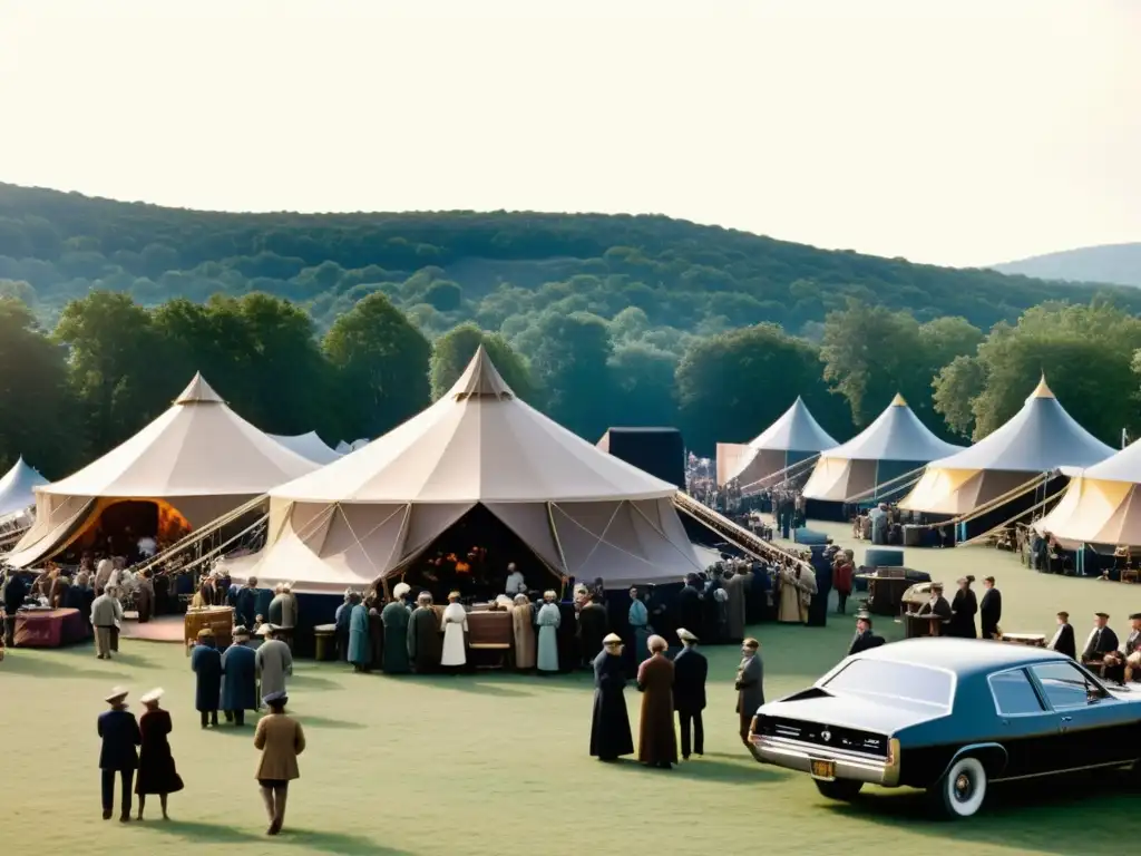 Charlas expertos cosmos ferias: Feria astronómica con charlas, libros y equipos vintage al atardecer, creando una atmósfera nostálgica