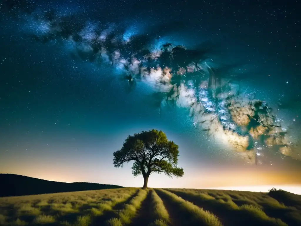 Un cielo estrellado con la Vía Láctea y un árbol silueteado