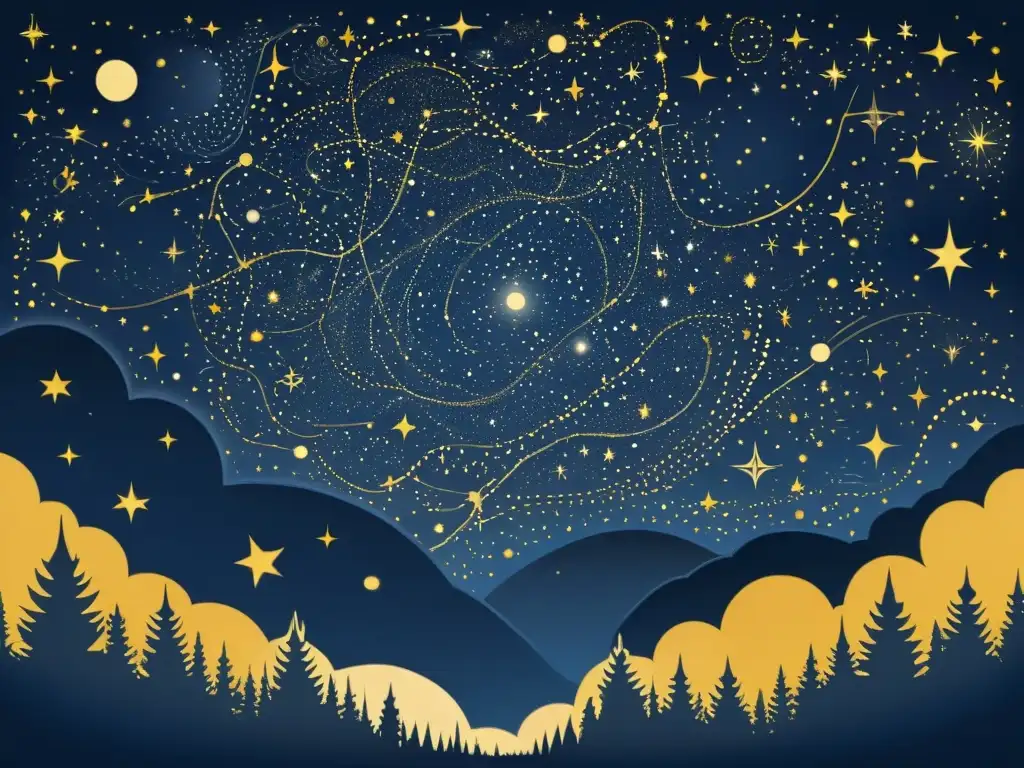 Una ilustración vintage del cielo estrellado con constelaciones como Orión, Ursa Major y Cassiopeia