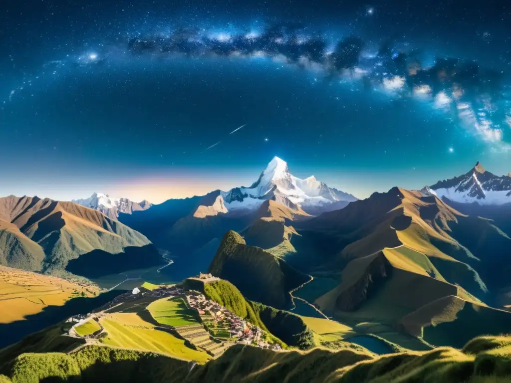 Un cielo estrellado sobre los Andes con la Cruz del Sur en una ilustración vintage, evocando la mística mitología andina