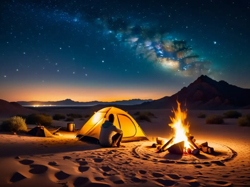 'Bajo el cielo estrellado del desierto, una persona se relaja junto a la fogata en un campamento estelar, creando una atmósfera nostálgica y pacífica