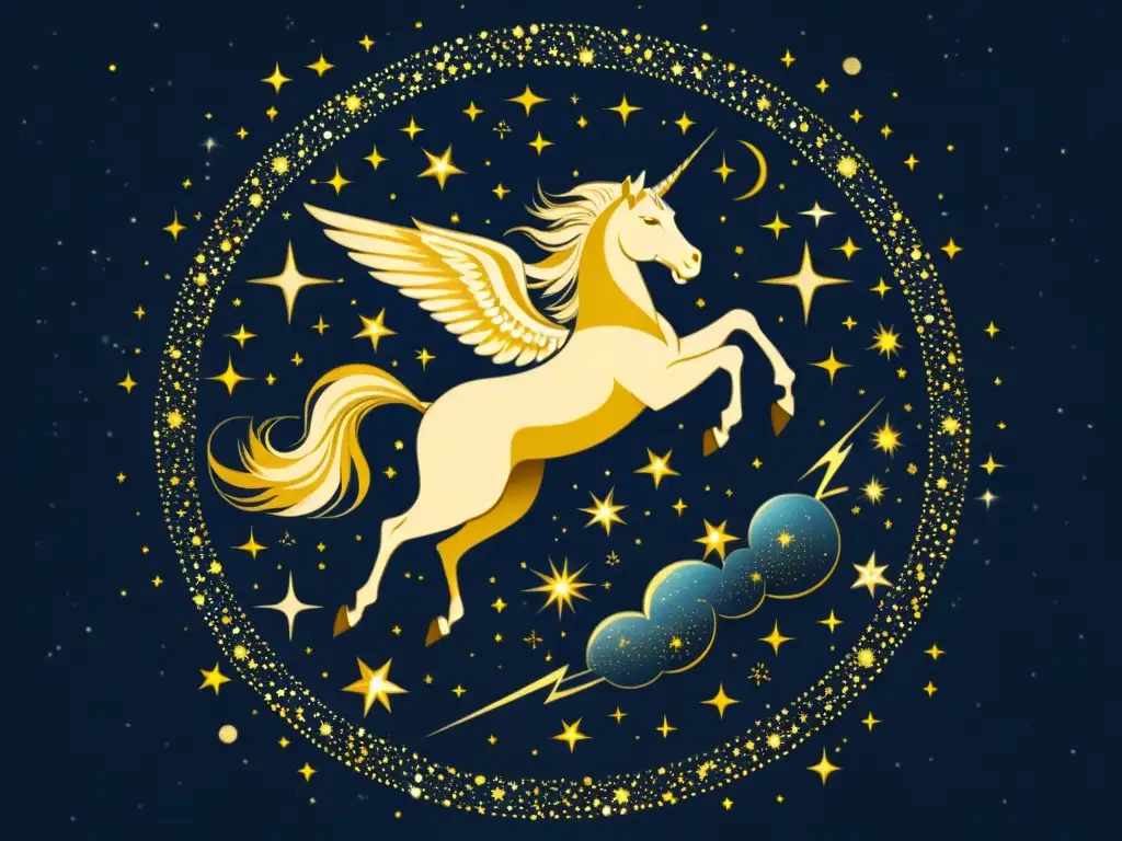 Ilustración vintage del cielo estrellado con figuras mitológicas como Pegaso, Orión y Casiopea, evocando misterio y antigua leyenda