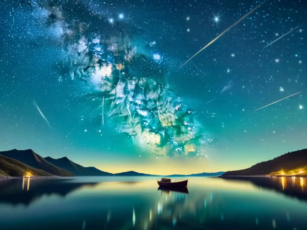 Un cielo estrellado sobre un mar tranquilo, con constelaciones bellamente representadas y reflejos brillantes en el agua