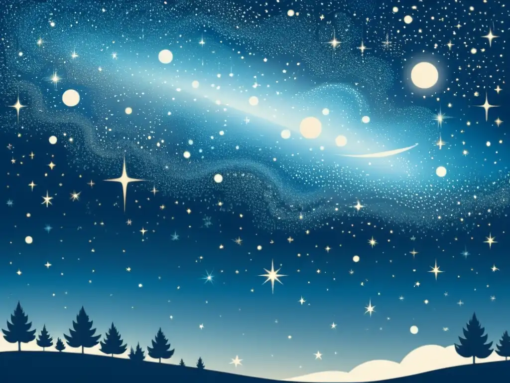 Ilustración vintage de un cielo estrellado con múltiples estrellas binarias en tonos azules y blancos, evocando un efecto fascinante y nostálgico