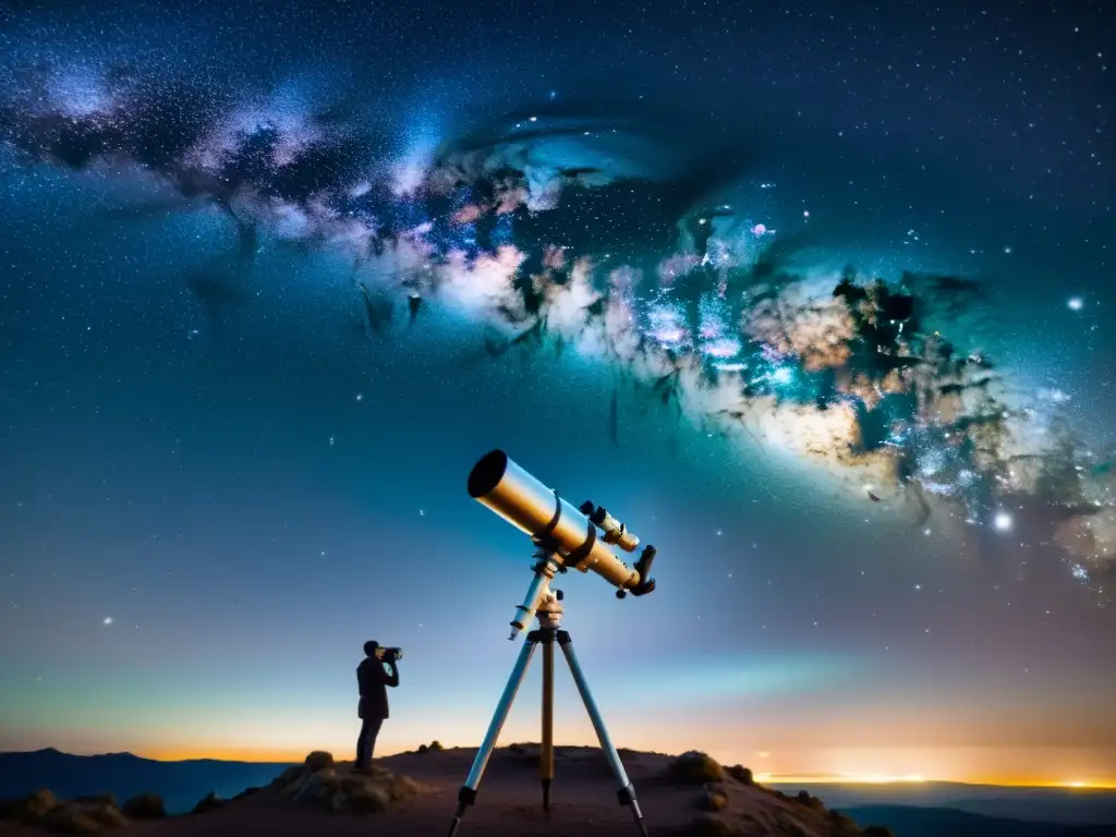 Un cielo estrellado de noche con telescopio y espectrógrafo, capturando la belleza etérea del cosmos y la espectroscopia estelar