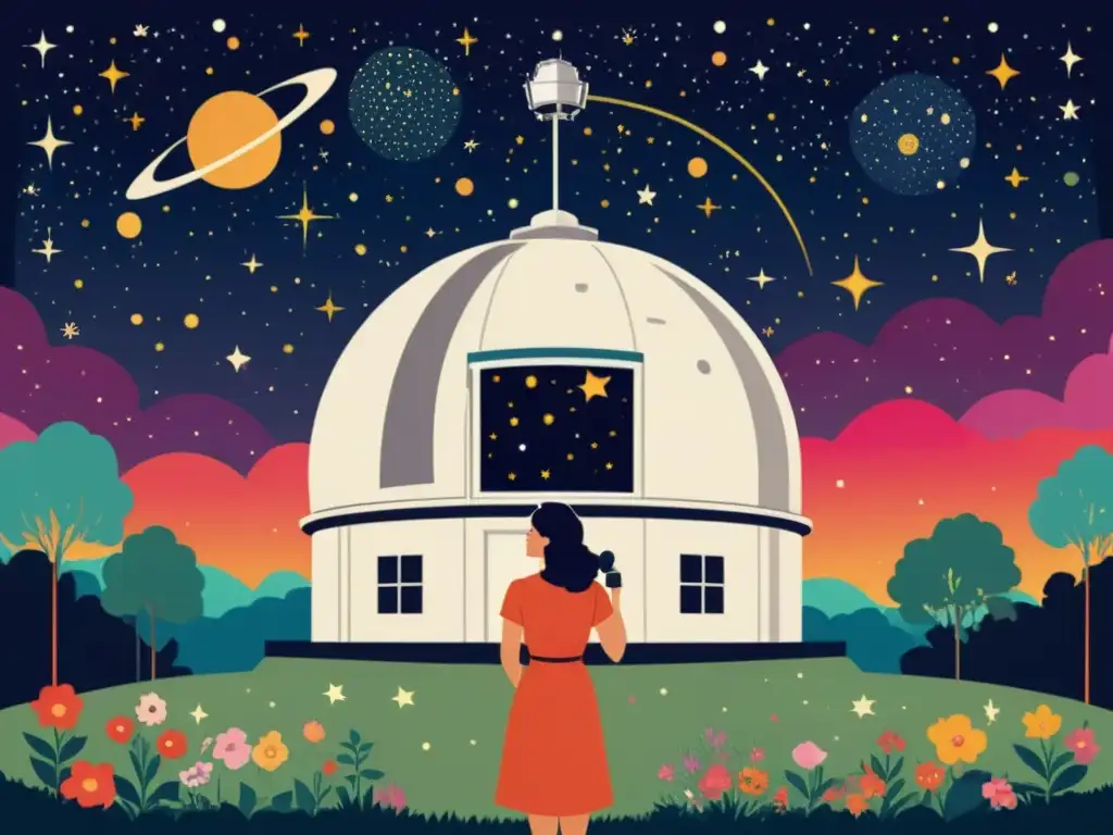 Elena Sánchez, astrofísica, observa el cielo estrellado desde un observatorio vintage rodeado de naturaleza exuberante