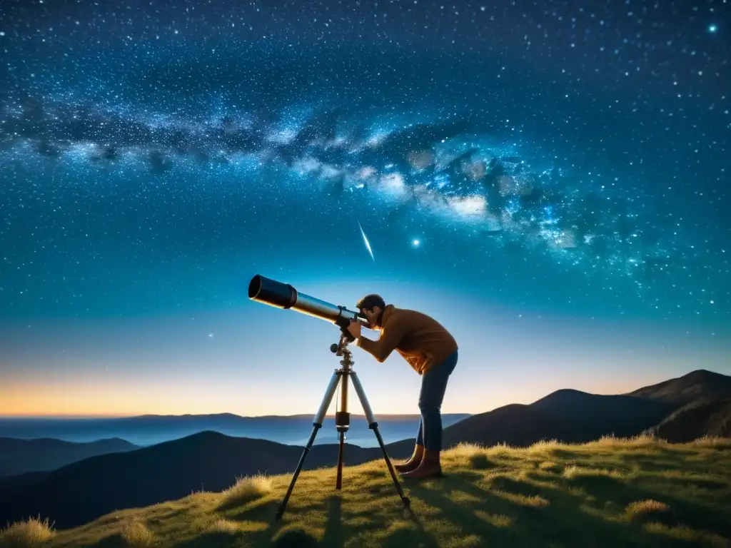 Bajo un cielo estrellado, una persona calibra un telescopio vintage, observando constelaciones con asombro y curiosidad científica