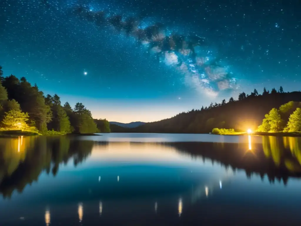 Una fotografía vintage de un cielo estrellado reflejado en agua tranquila, creando un efecto de galaxia líquida