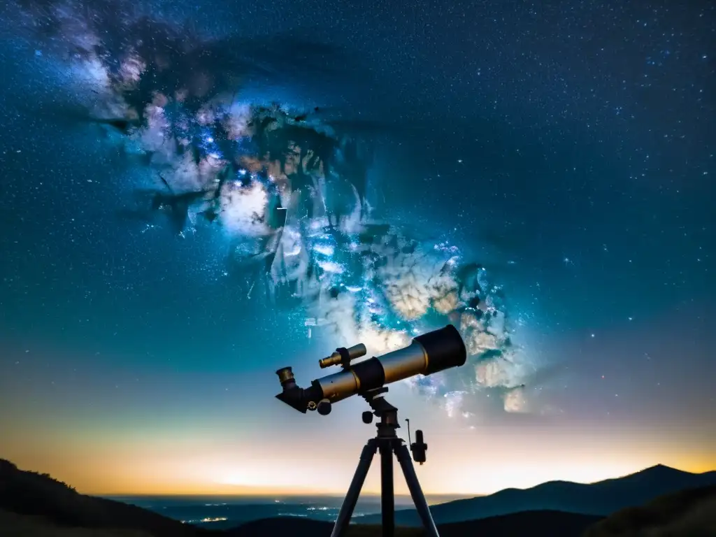 Una fotografía vintage del cielo estrellado con la Vía Láctea, y la silueta de un telescopio solitario