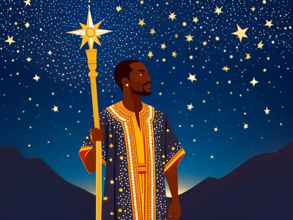 Ilustración vintage de Sundiata Keita bajo un cielo estrellado