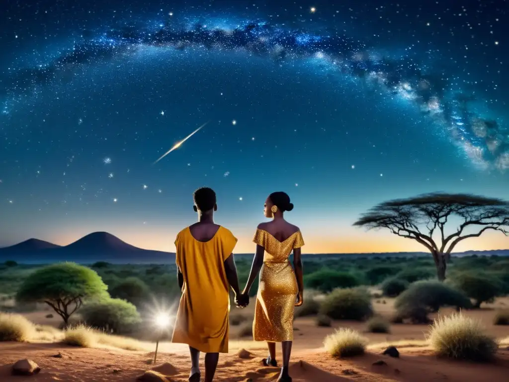 Dos estrellas brillantes en el cielo nocturno africano Un cielo nocturno africano lleno de misticismo y dos brillantes estrellas dobles, rodeadas de constelaciones