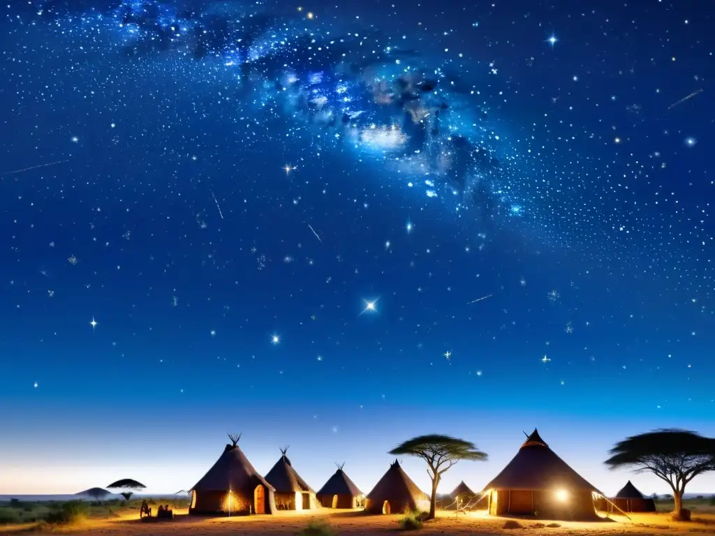 Un cielo nocturno africano lleno de estrellas y constelaciones sobre una aldea tradicional