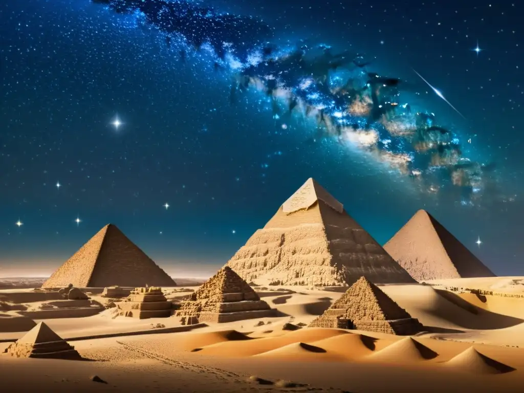 Noche estrellada sobre Egipto: Sirius brilla sobre las pirámides Una ilustración vintage del cielo nocturno sobre el antiguo Egipto, con la brillante estrella Sirio destacando sobre las pirámides