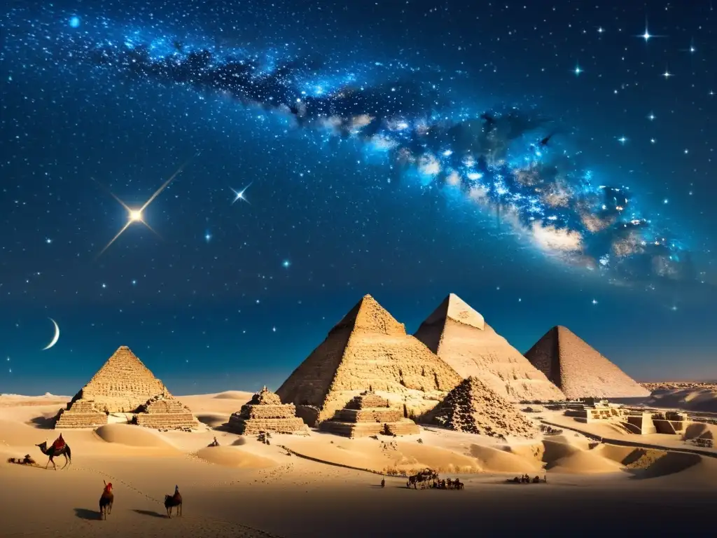 Sirio brillante: el cielo nocturno sobre Egipto Ilustración vintage del cielo nocturno sobre el antiguo Egipto, con la brillante estrella Sirio sobre las pirámides