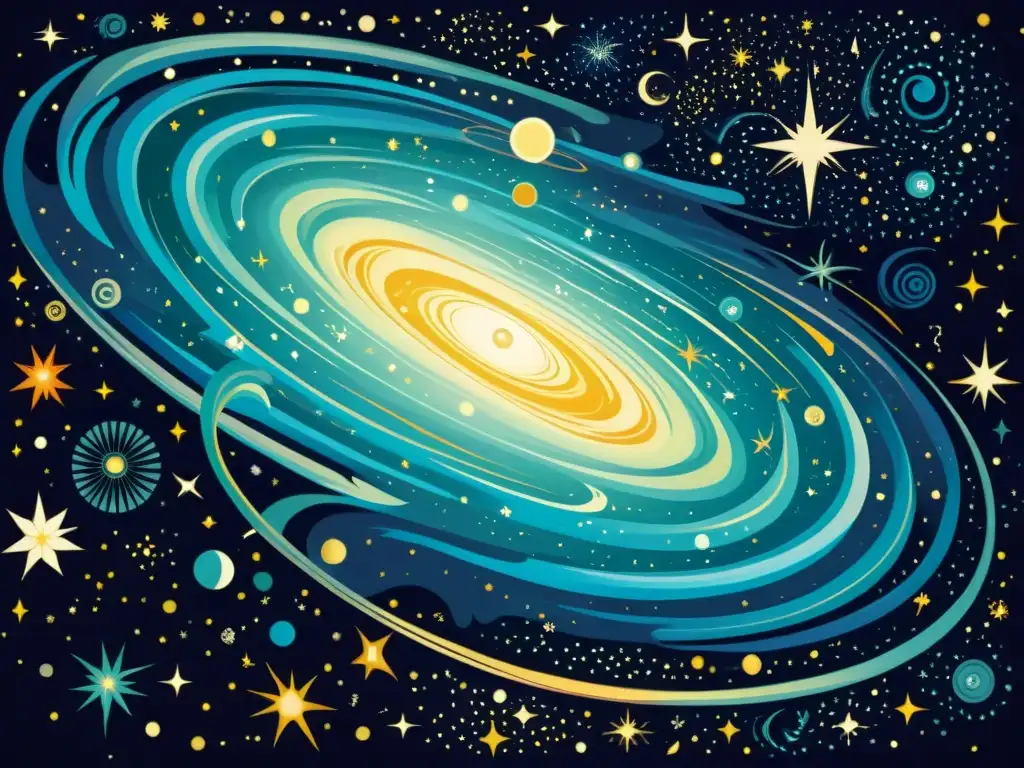 Una ilustración vintage del cielo nocturno con la Teoría del Big Bang y constelaciones, evocando asombro y maravilla por la vastedad y belleza del universo