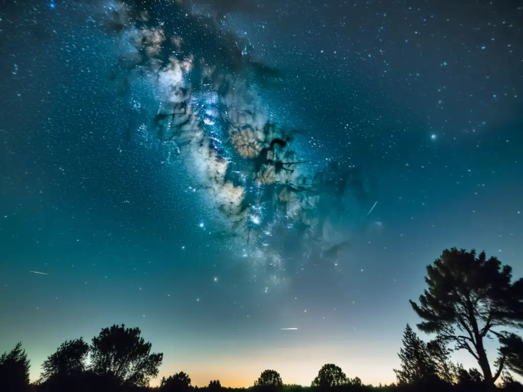 Una fotografía vintage del cielo nocturno, capturando la constelación de Coma Berenices y estrellas fugaces, con un efecto etéreo y asombroso