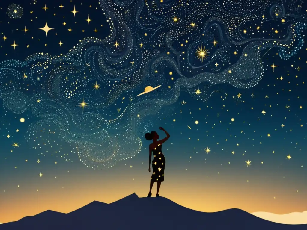 Constelaciones africanas: Misterio y maravilla estelar Una ilustración vintage del cielo nocturno con constelaciones africanas, transmitiendo el significado mitológico de las estrellas dobles
