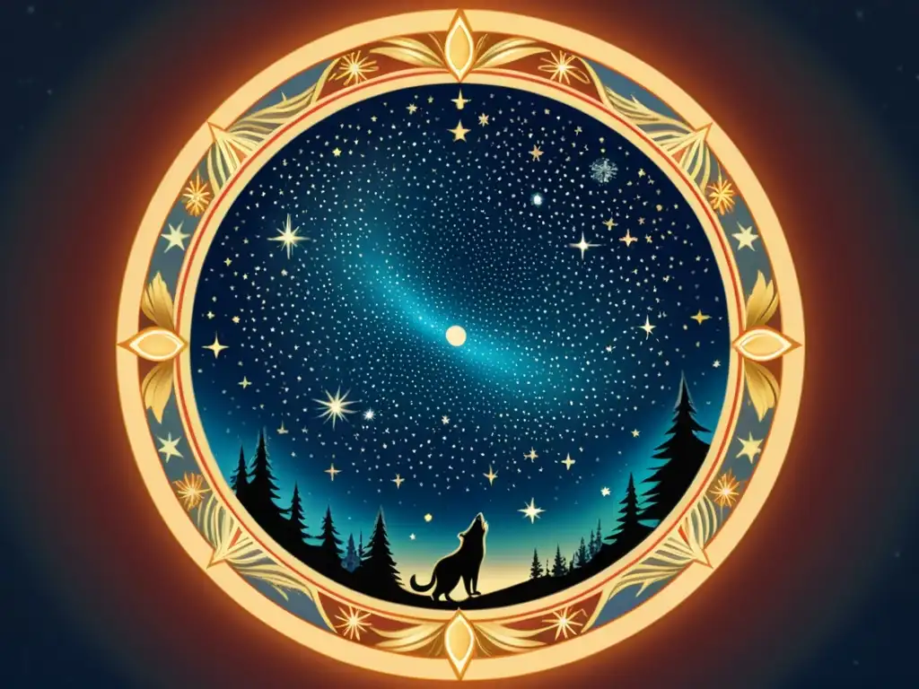 Una ilustración vintage del cielo nocturno con las constelaciones circumpolares prominentes: Ursa Major, Ursa Minor y Draco, en ricos colores