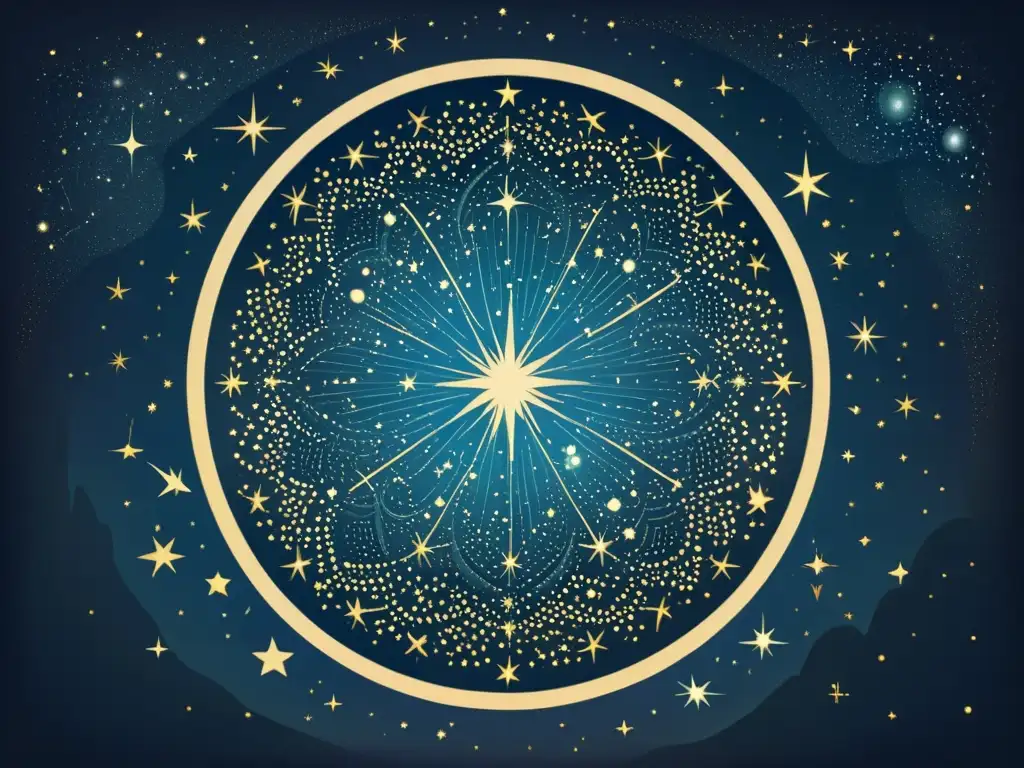 Una ilustración vintage del cielo nocturno con constelaciones circumpolares, detallando las estrellas con precisión y añadiendo un toque nostálgico