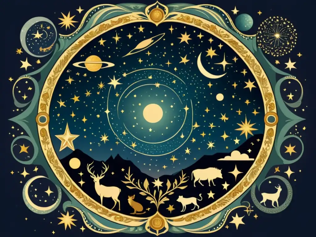 Una ilustración vintage del cielo nocturno, con constelaciones y criaturas míticas entrelazadas entre las estrellas