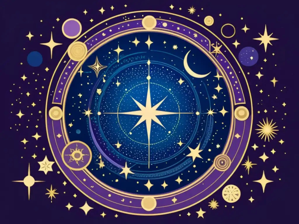 Una ilustración vintage del cielo nocturno con constelaciones y cuerpos celestes en azules y morados profundos, resaltados con detalles en oro