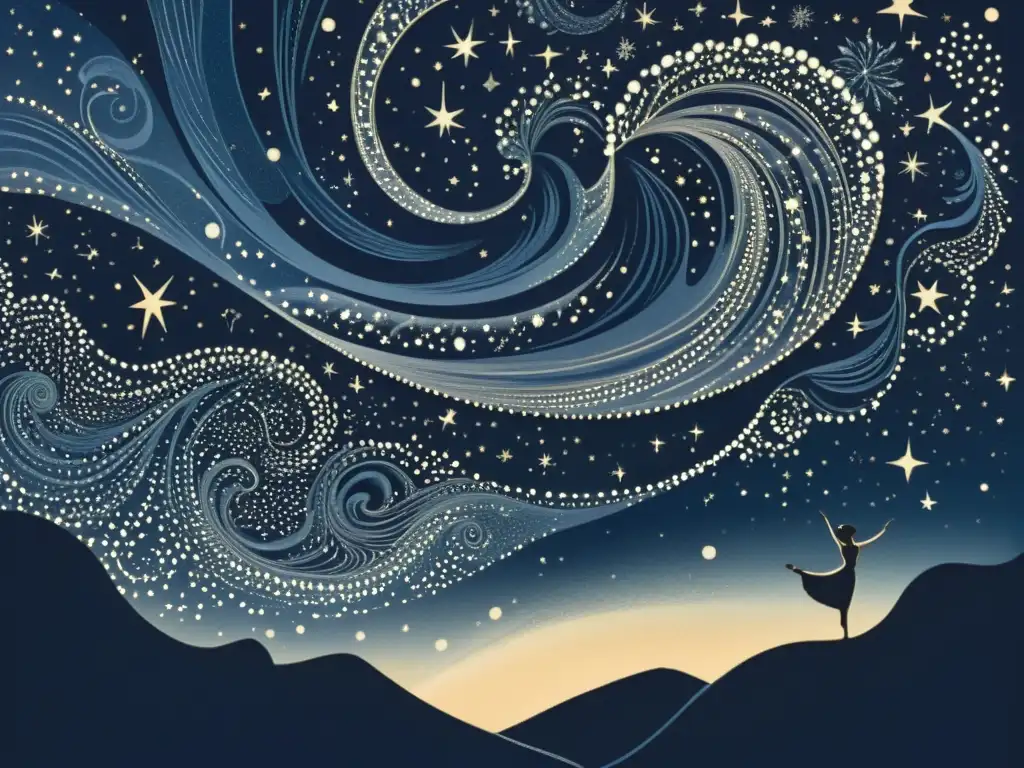 Una ilustración vintage del cielo nocturno, con constelaciones en danza estival de estrellas, evocando una belleza cósmica