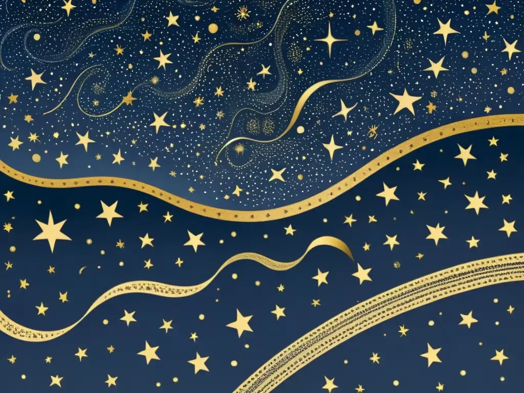 Una ilustración vintage del cielo nocturno con constelaciones detalladas en oro sobre un fondo azul marino salpicado de estrellas