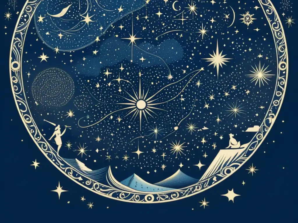 Una ilustración vintage del cielo nocturno con constelaciones detalladas, evocando la interpretación de mitos estelares y la conexión celestial