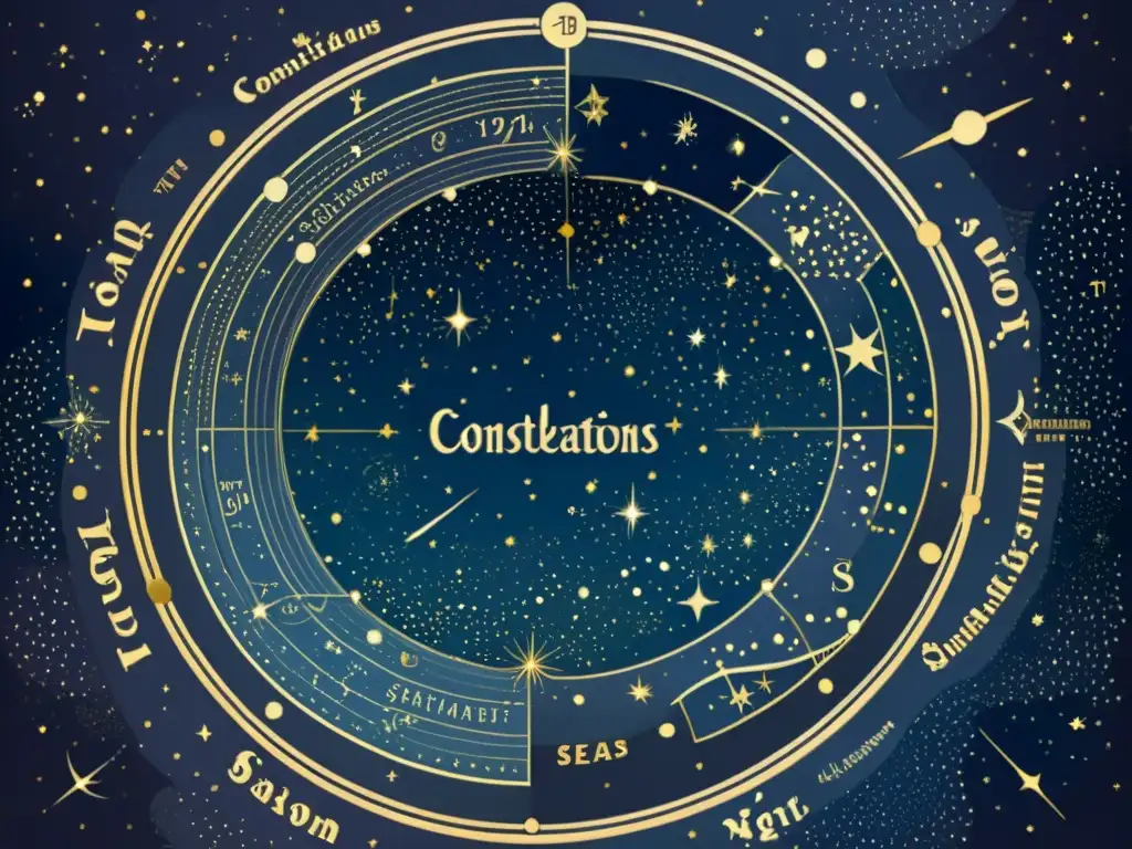 Una ilustración vintage del cielo nocturno con constelaciones detalladas, mostrando cambios estacionales