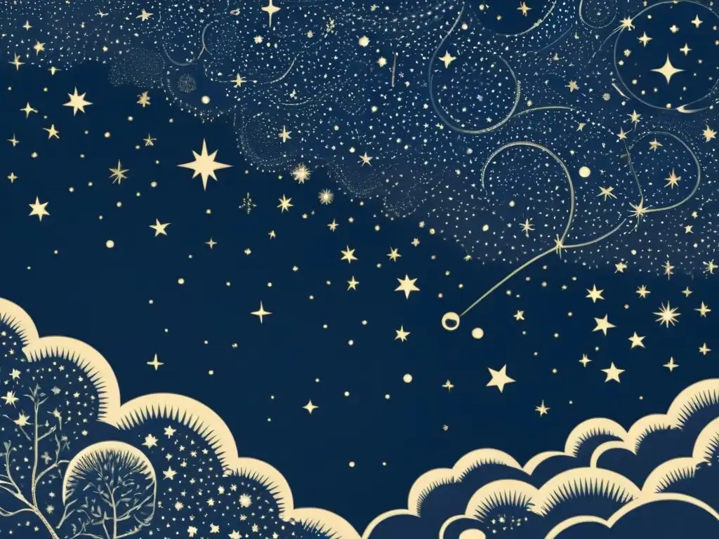 Una ilustración vintage del cielo nocturno, con constelaciones detalladas, evocando asombro y misterio