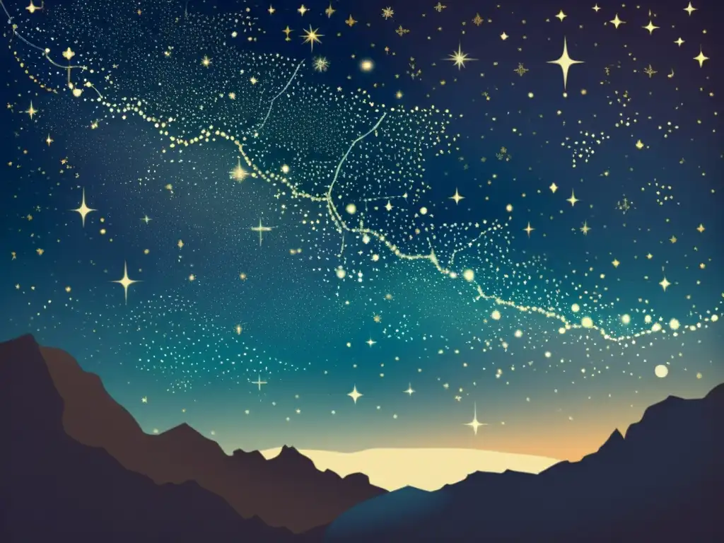 Una ilustración vintage del cielo nocturno con constelaciones, evocando la evolución de las estrellas en constelaciones