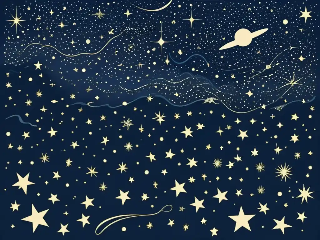 Una ilustración vintage del cielo nocturno, con constelaciones e estrellas detalladas sobre un fondo índigo