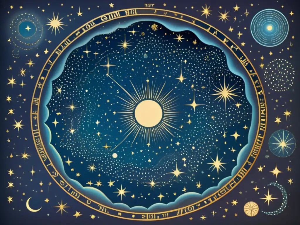 Ilustración vintage del cielo nocturno con constelaciones, estrellas y figuras mitológicas