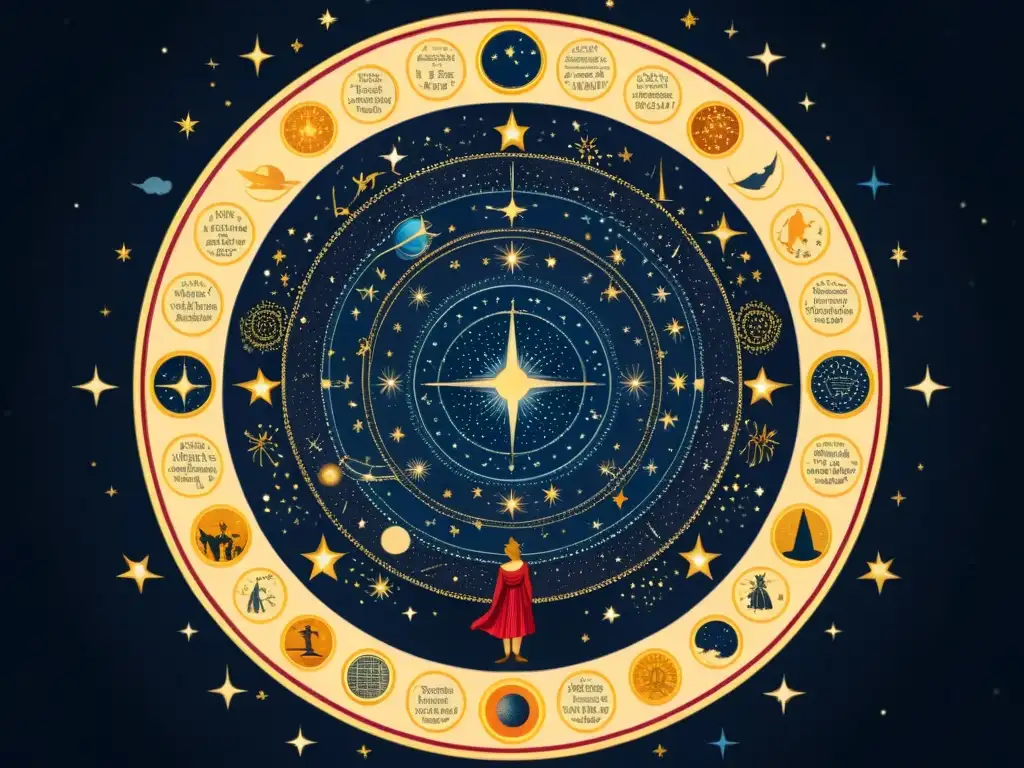 Una ilustración vintage del cielo nocturno con constelaciones, estrellas y figuras mitológicas, rodeada de un borde celestial