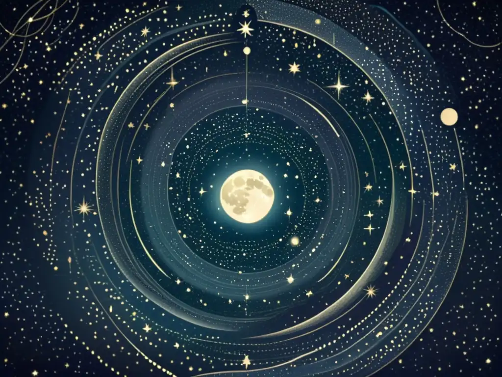 Ilustración vintage del cielo nocturno con constelaciones, fases lunares y movimiento estelar