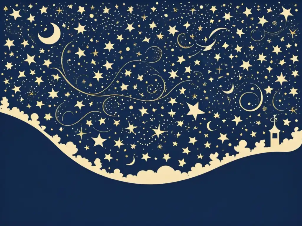 Ilustración vintage del cielo nocturno con las 12 constelaciones del zodíaco, estrellas y figuras mitológicas