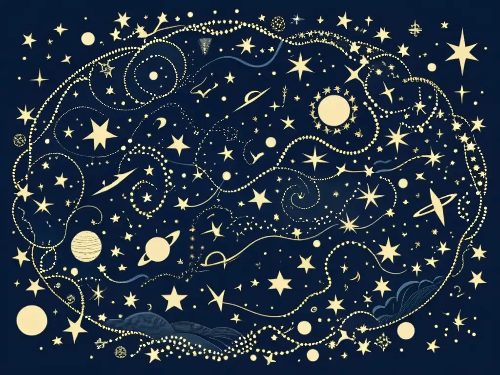 Ilustración vintage del cielo nocturno con constelaciones y figuras míticas, evocando el concepto de estrellas variables en la mitología