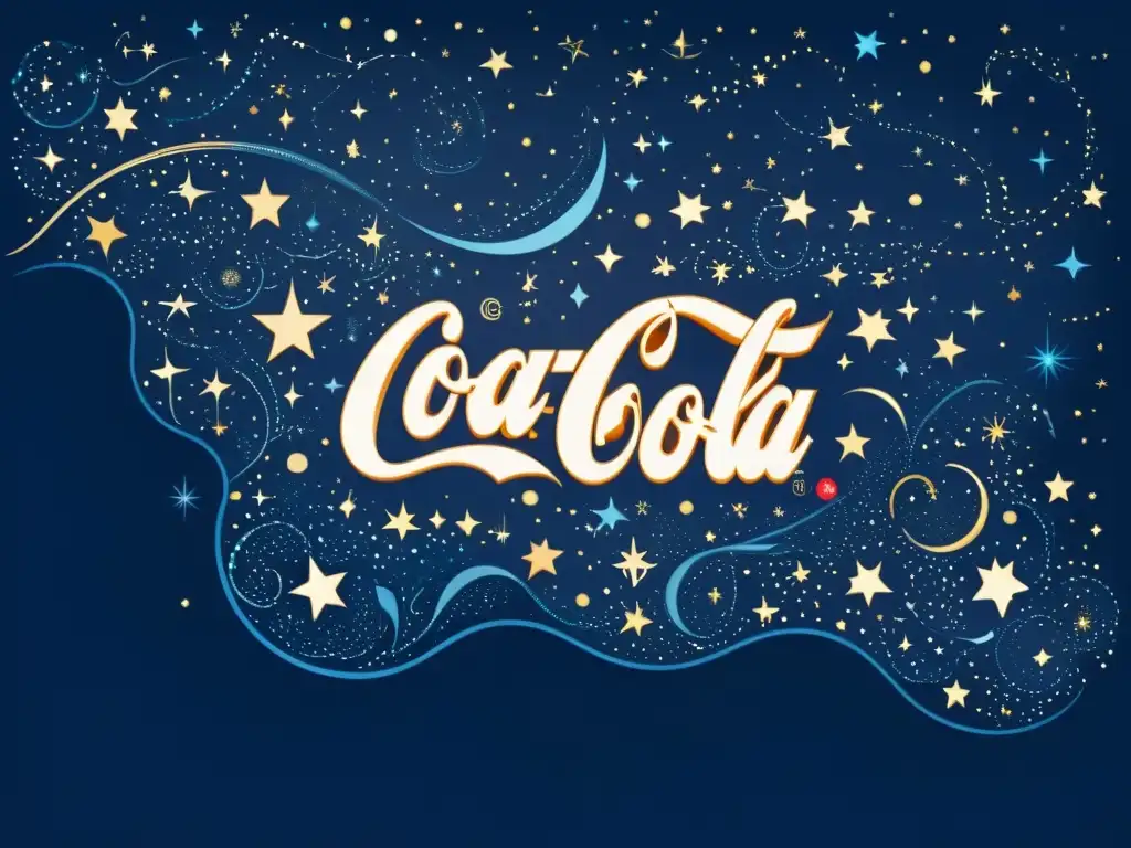 Una ilustración vintage del cielo nocturno con constelaciones formando logos de marcas famosas, como Coca-Cola, Nike y Apple