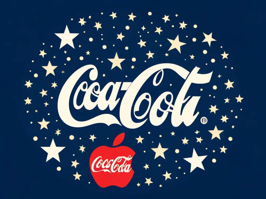 Una ilustración vintage del cielo nocturno con constelaciones formando logotipos de marcas icónicas como CocaCola, Apple y Nike