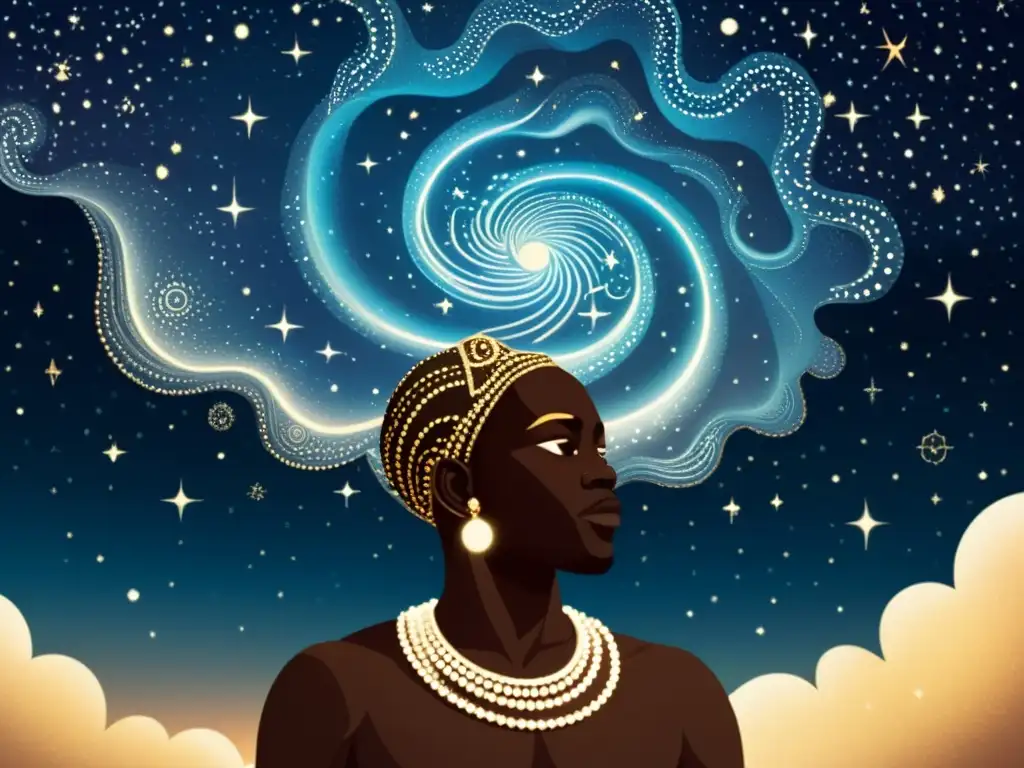 Una ilustración vintage del cielo nocturno con constelaciones de la mitología Yoruba