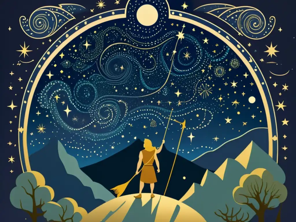 Odisea estelar: ilustración vintage de constelaciones míticas Ilustración vintage del cielo nocturno con constelaciones de la mitología asociada a Ulises, dioses y monstruos entrelazados con estrellas