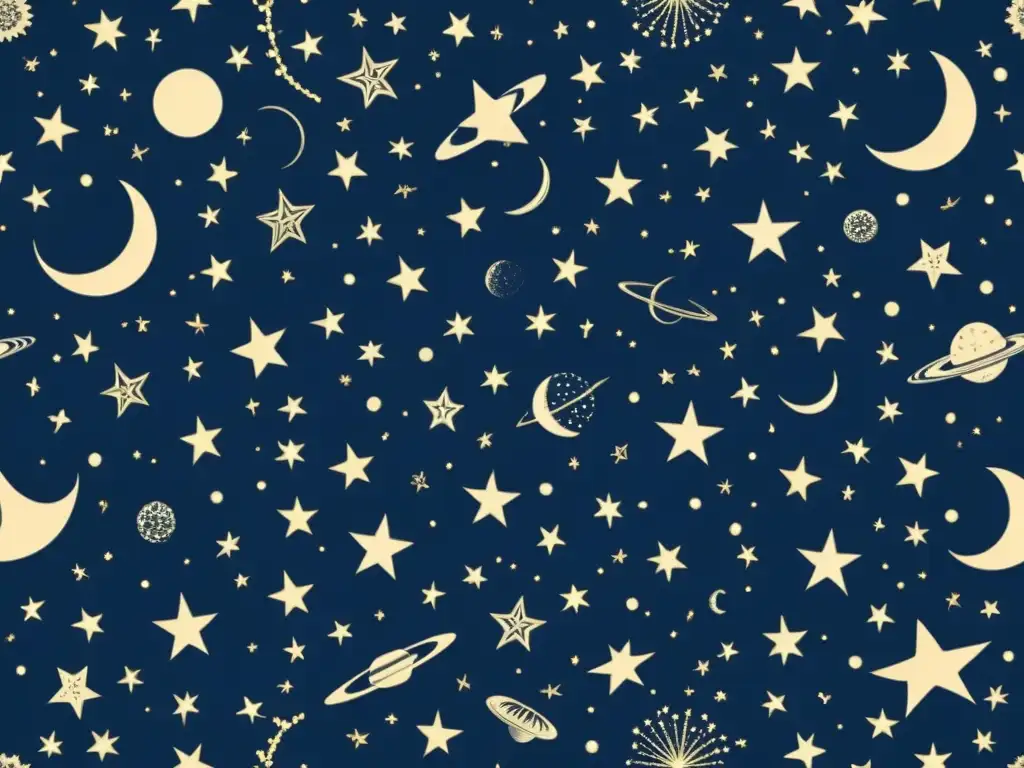 Una ilustración vintage del cielo nocturno con constelaciones, estrellas y mitología