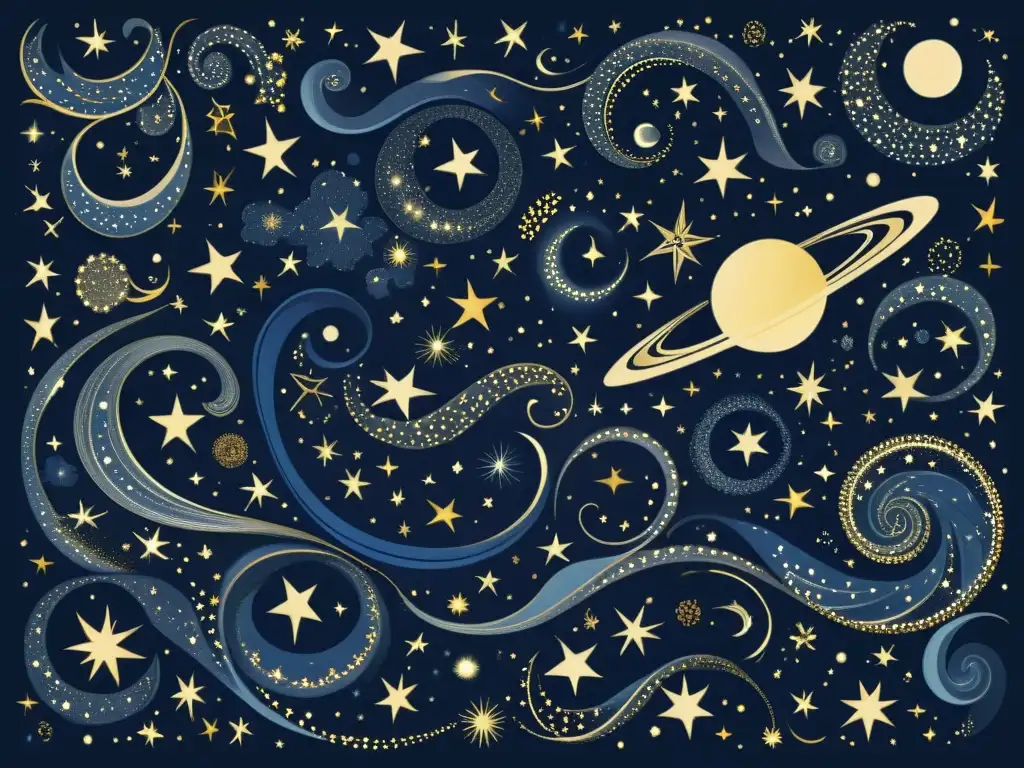 Una ilustración vintage del cielo nocturno con constelaciones y galaxias, evocando el movimiento de estrellas y la mitología celestial