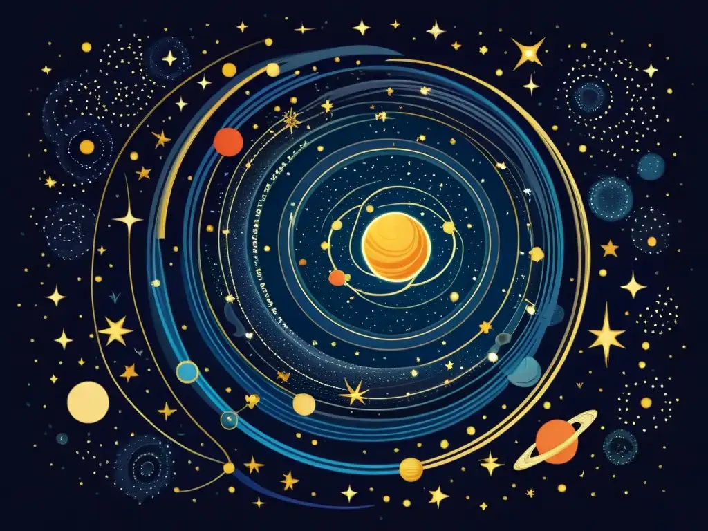 Ilustración vintage del cielo nocturno con constelaciones y planetas en movimiento coreografiado