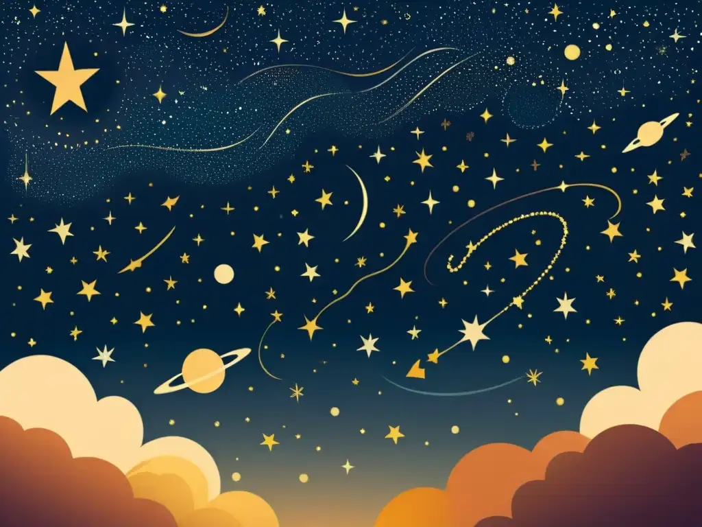 Ilustración vintage del cielo nocturno con constelaciones, planetas y estrellas fugaces