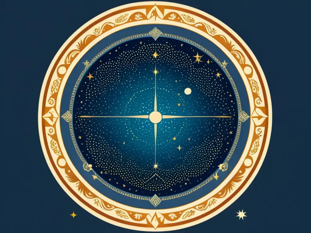 Una ilustración vintage del cielo nocturno con las constelaciones Ursa Major y Ursa Minor, rodeadas de otras constelaciones circumpolares