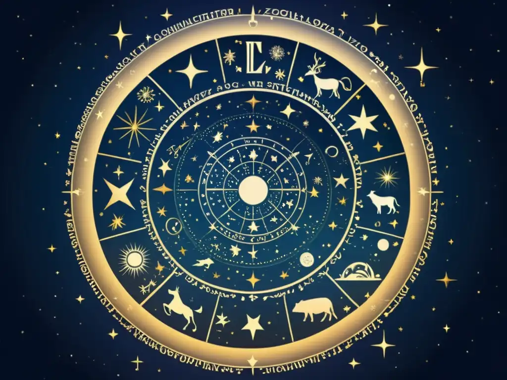 Descifrando horóscopo estrellas constelaciones: Ilustración vintage de un cielo nocturno con constelaciones y los signos del zodíaco en detalle