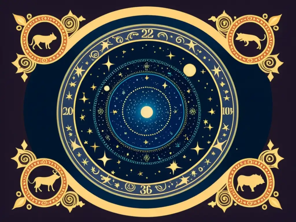 Una ilustración vintage del cielo nocturno con constelaciones del zodíaco como Leo, Piscis y Géminis, evocando misterio y maravilla